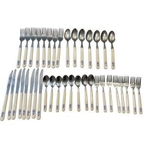 Vintage Pfalzgraff Flatware Set 39pc Stainless‎ Steel Cream Blue Floral Accent